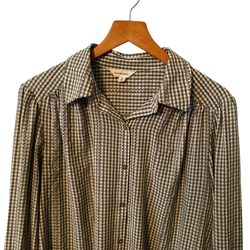 MAX STUDIO Womens Green Gingham Button Down Shirt Long Sleeve Ruffle Cuff Size M - Picture 2 of 8